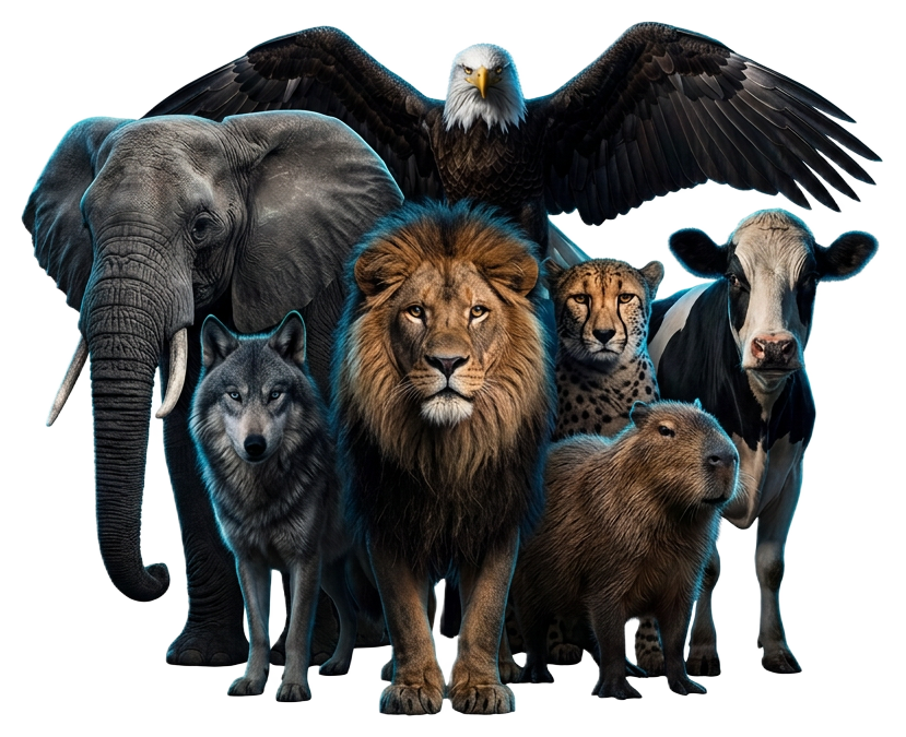 Animais reunidos que representam os diferentes estágios do Diagnóstico ZOO